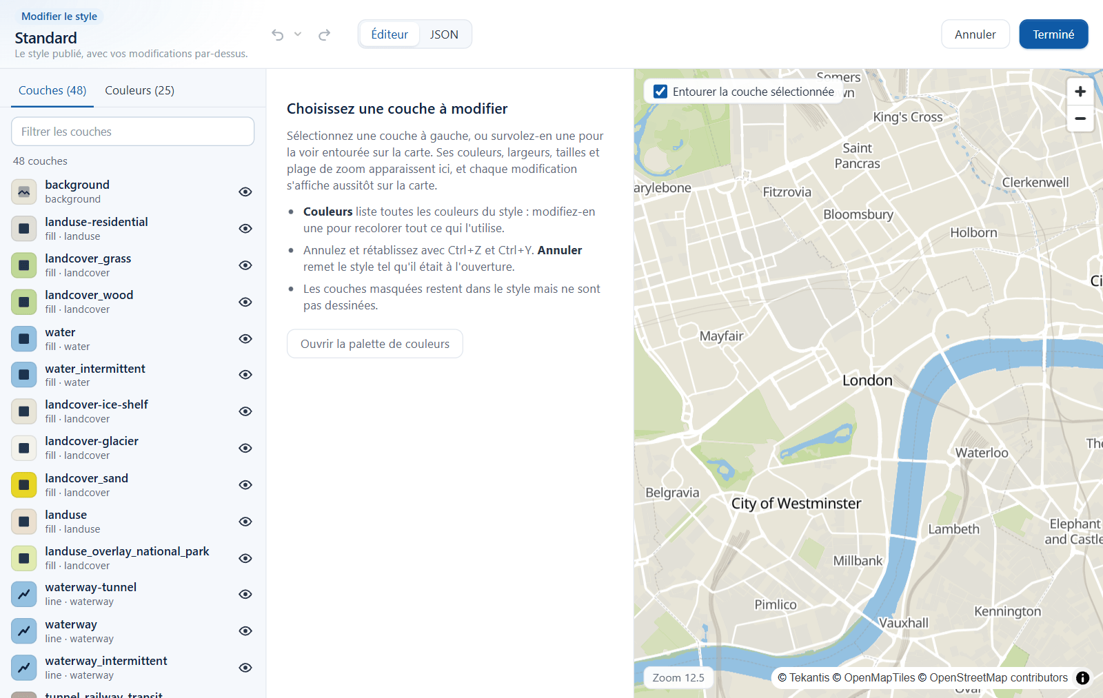 L'éditeur de style : la liste des couches à gauche, les propriétés de la couche sélectionnée au milieu et une carte d'aperçu en direct à droite