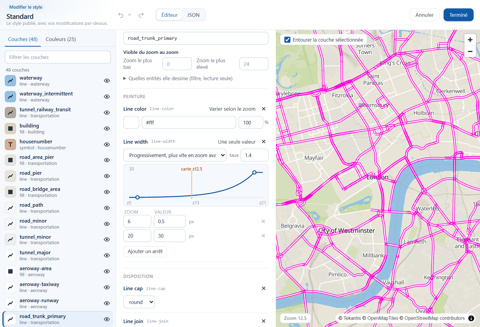 Une propriété de largeur de ligne variant selon le zoom, avec une table d'arrêts et un graphique