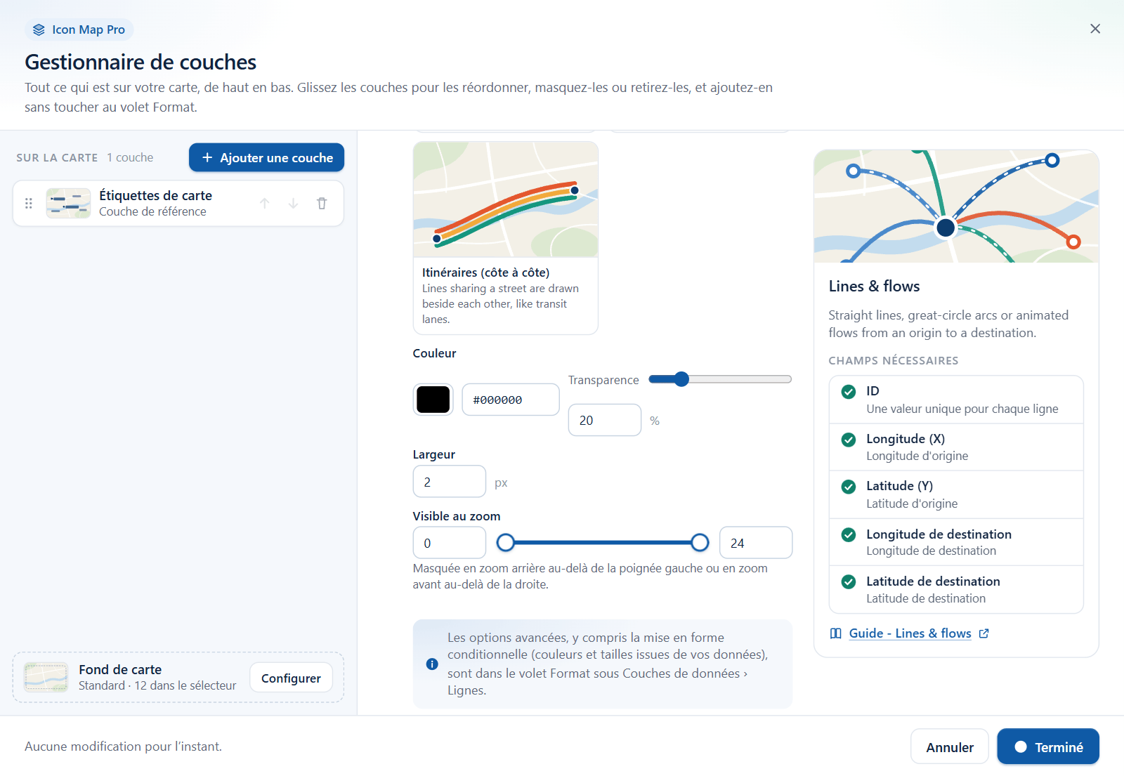 L'assistant d'ajout du Gestionnaire de couches pour Lignes et flux, avec les options Couleur, Largeur et Visible au zoom et la liste des champs dont la couche a besoin