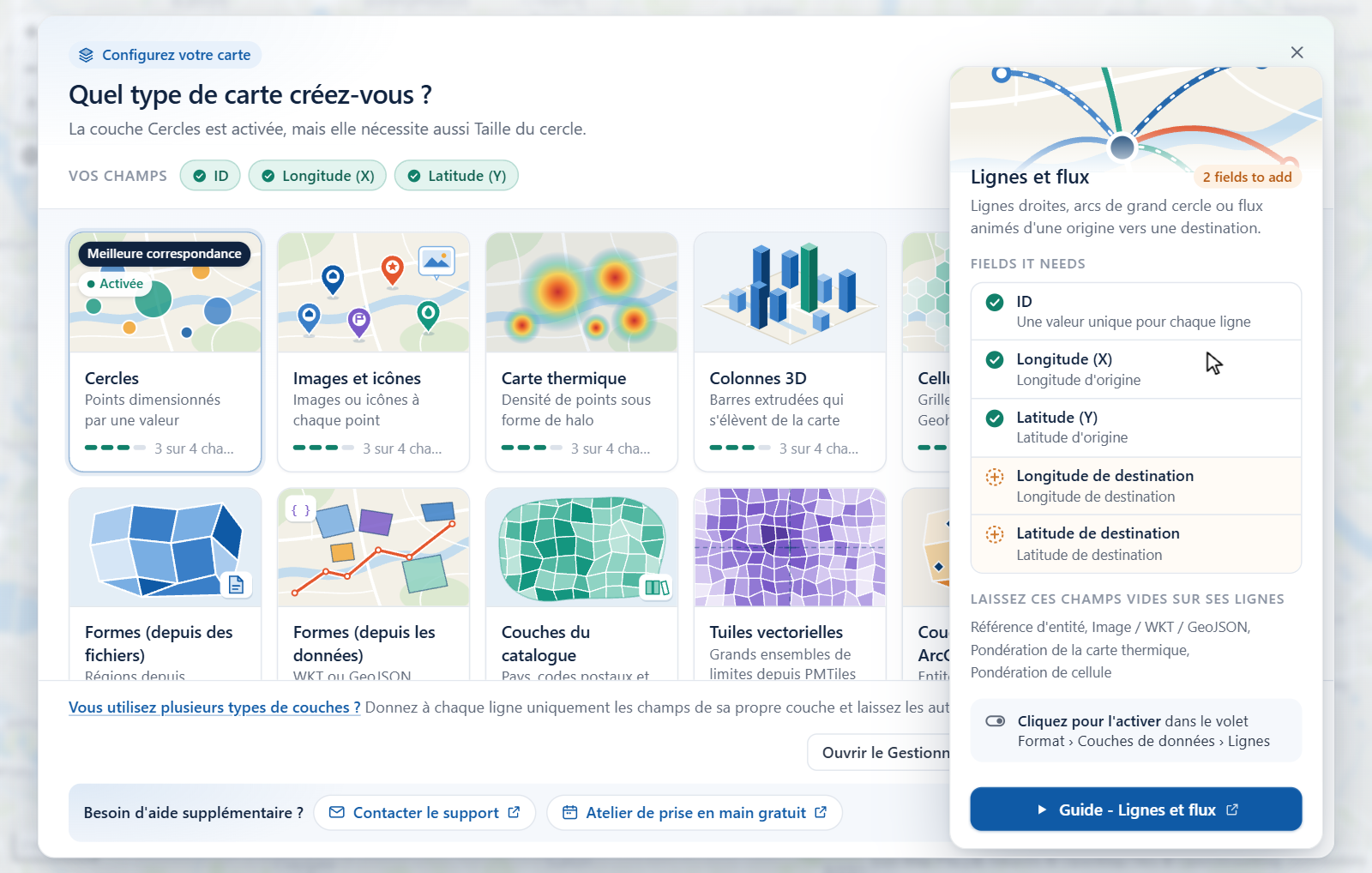 Une vignette du guide des couches développée pour montrer les champs dont la couche Lignes a besoin et les champs à laisser vides