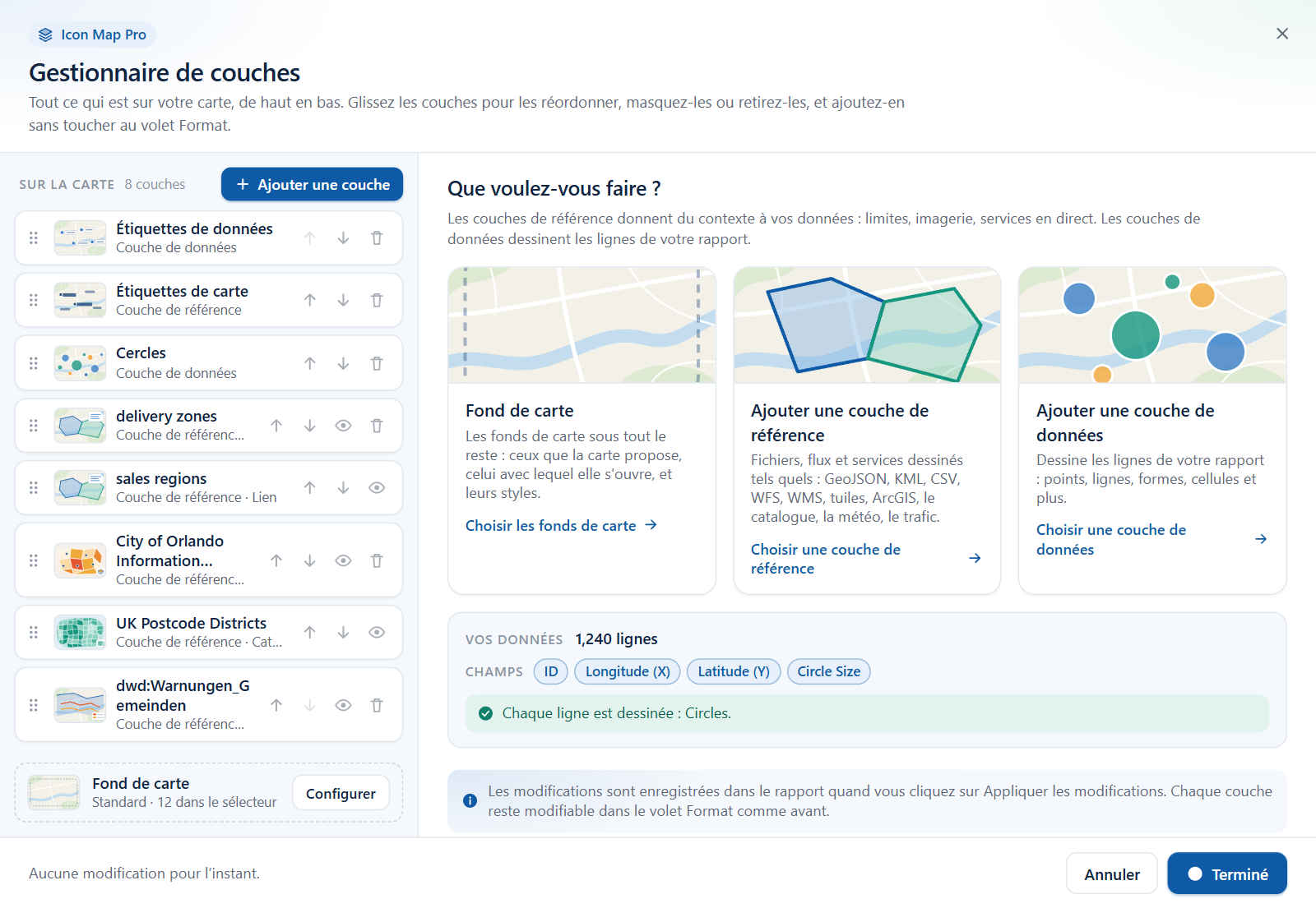 La boîte de dialogue Gestionnaire de couches, avec la liste des couches à gauche et la vue d'accueil à droite