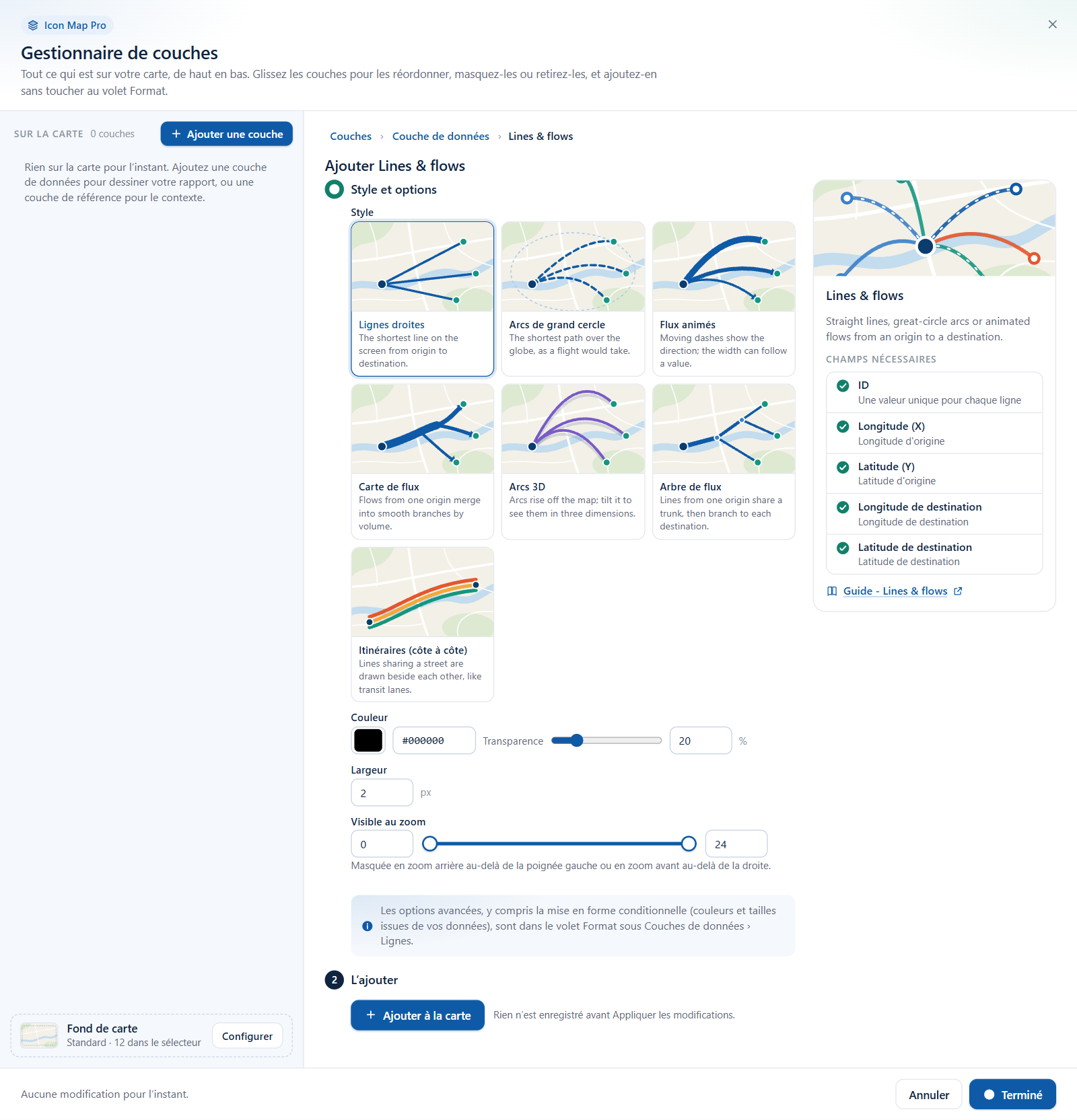 L'assistant Lignes et flux avec le sélecteur Style qui montre une vignette pour chaque style de ligne