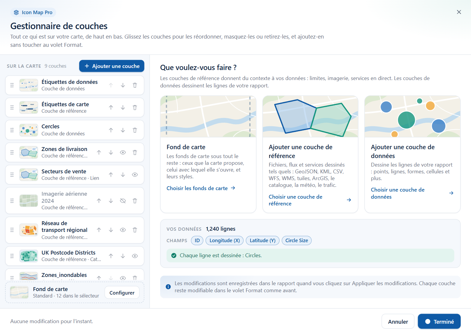 Le panneau Vos données dans la vue d'accueil du Gestionnaire de couches, montrant le nombre de lignes, les champs du visuel et la ligne d'état