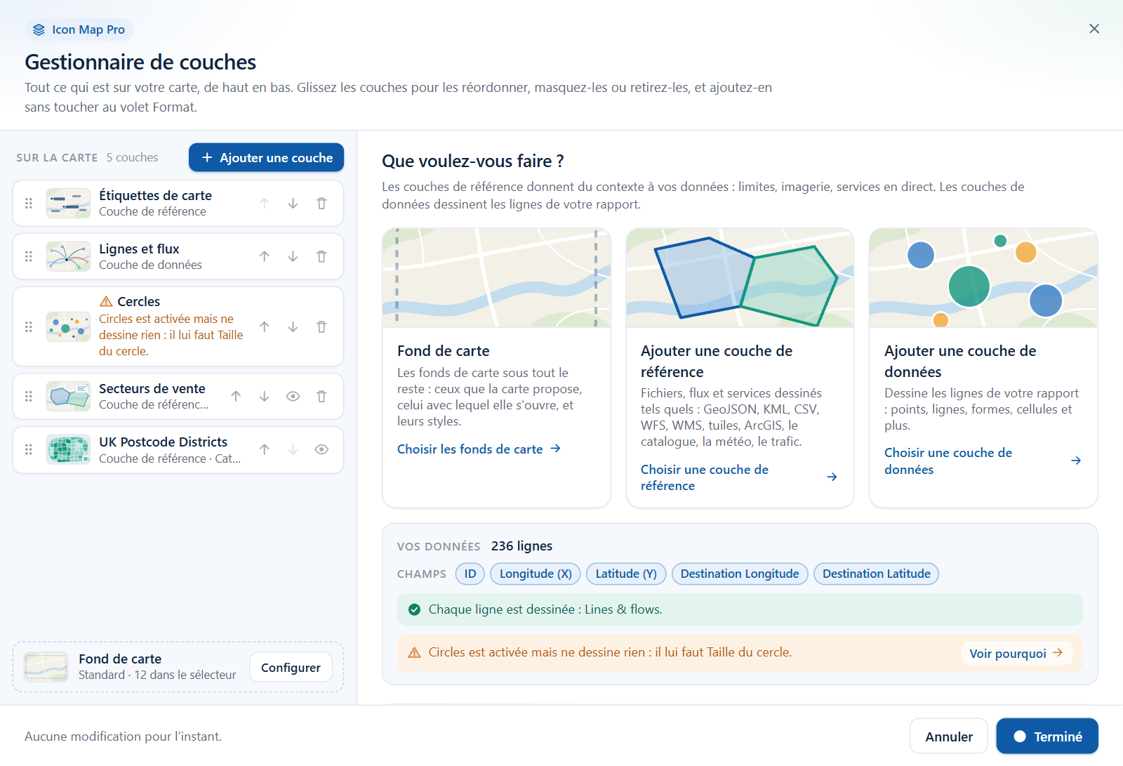 La liste du Gestionnaire de couches avec une icône d'avertissement sur une couche de données activée qui ne dessine rien, et la ligne correspondante dans le panneau Vos données
