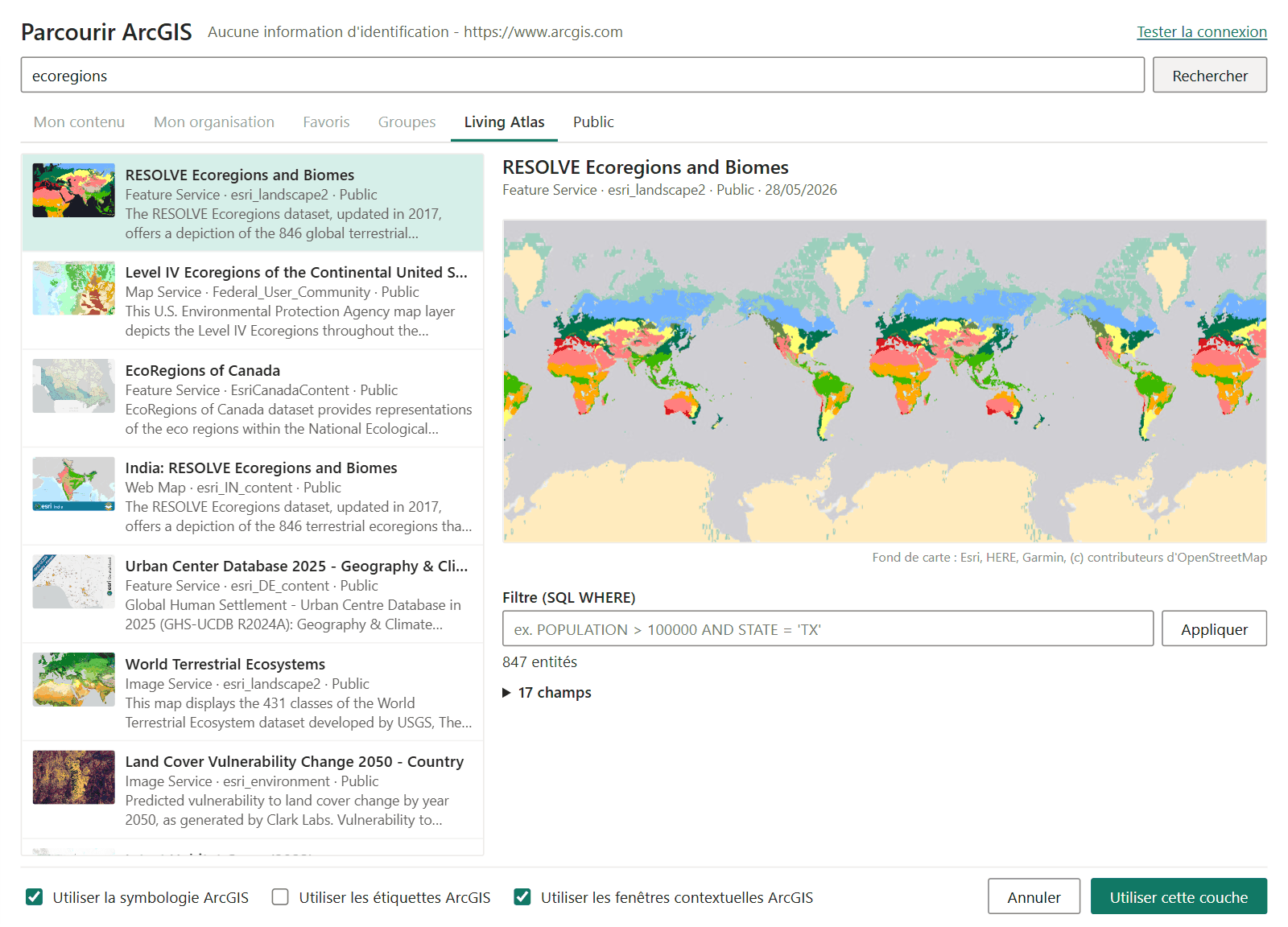 La fenêtre Parcourir ArcGIS avec les onglets, une liste de résultats à gauche et un aperçu de la couche d'entités sélectionnée à droite