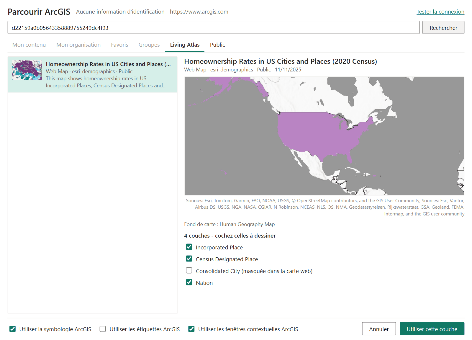 La fenêtre Parcourir ArcGIS prévisualisant une carte web, avec une case à cocher pour chacune de ses couches