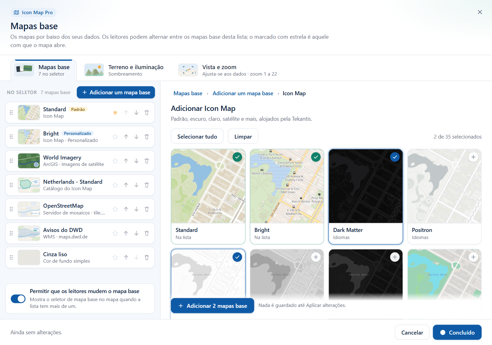 A galeria do Icon Map com dois estilos marcados e o botão Adicionar 2 mapas base