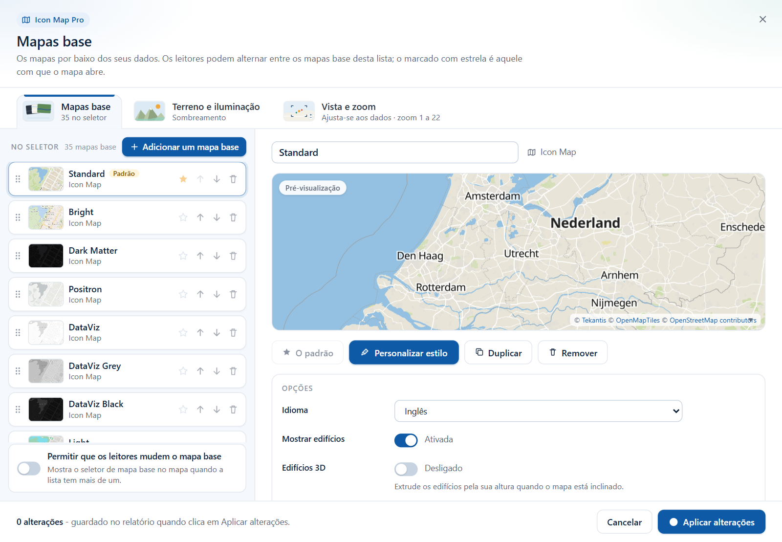 A caixa de diálogo na primeira abertura, listando todos os estilos do Icon Map com Standard marcado com a estrela