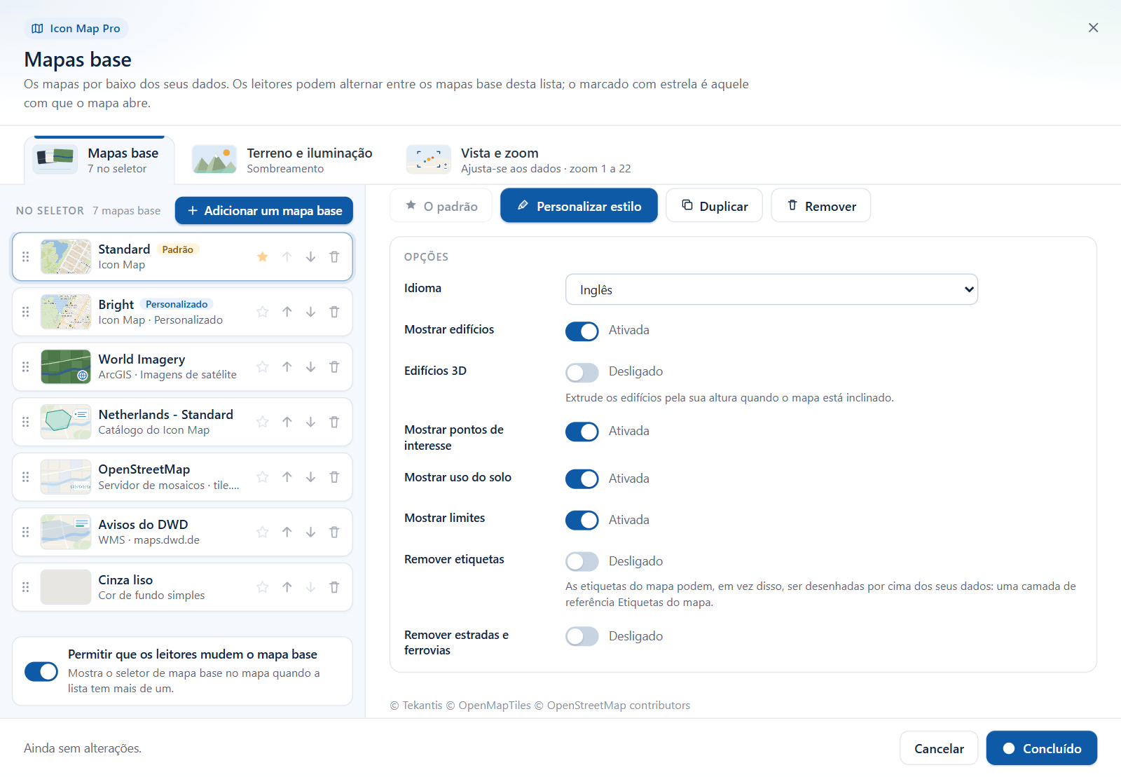 A seção Opções de um mapa base do Icon Map na caixa de diálogo Mapas base