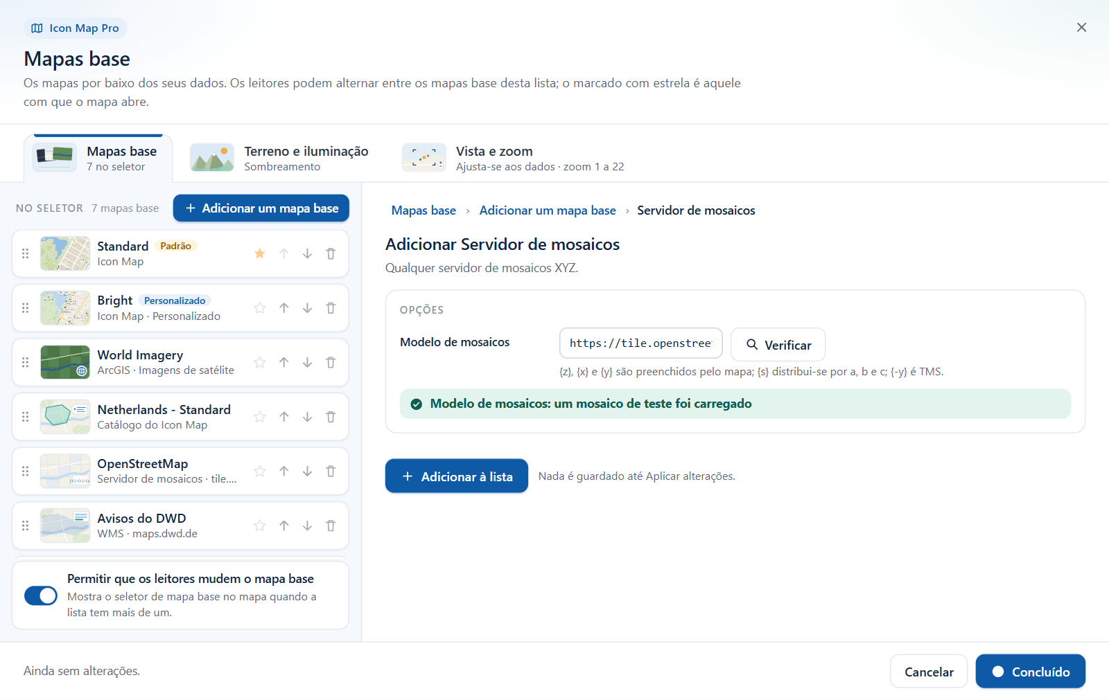 O formulário Servidor de mosaicos na caixa de diálogo Mapas base depois de uma verificação bem-sucedida