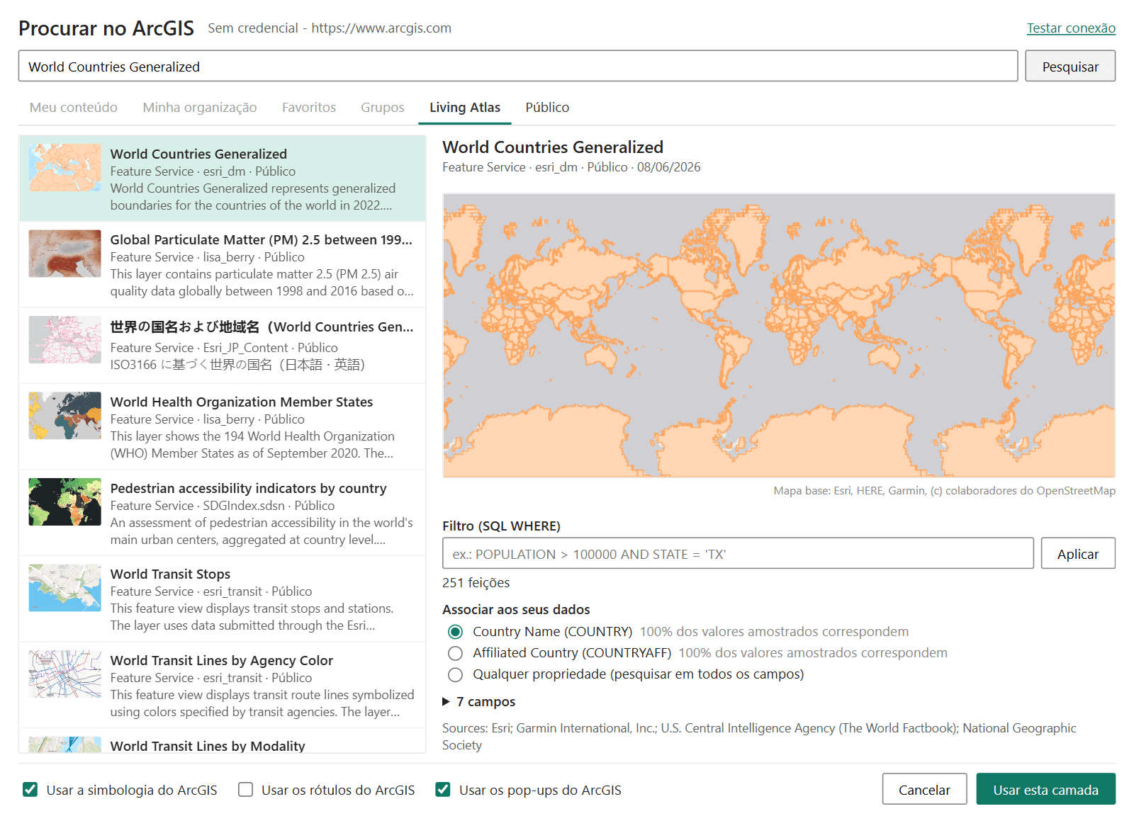 Procurar no ArcGIS com uma camada de feições em pré-visualização e a lista Associar aos seus dados mostrando as porcentagens de correspondência de cada campo
