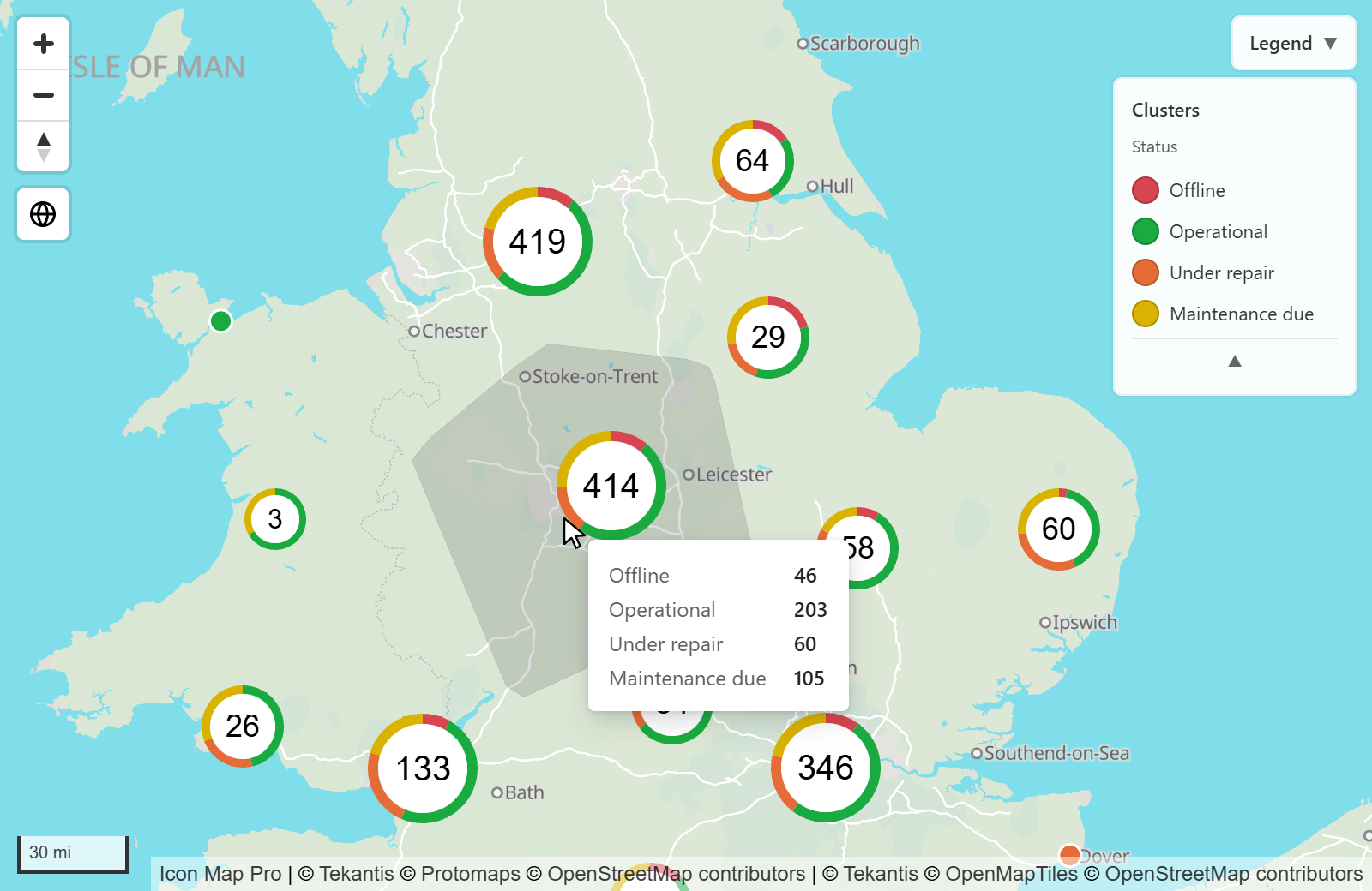 Um cluster com a sua dica de ferramenta e a área sombreada que os seus pontos cobrem
