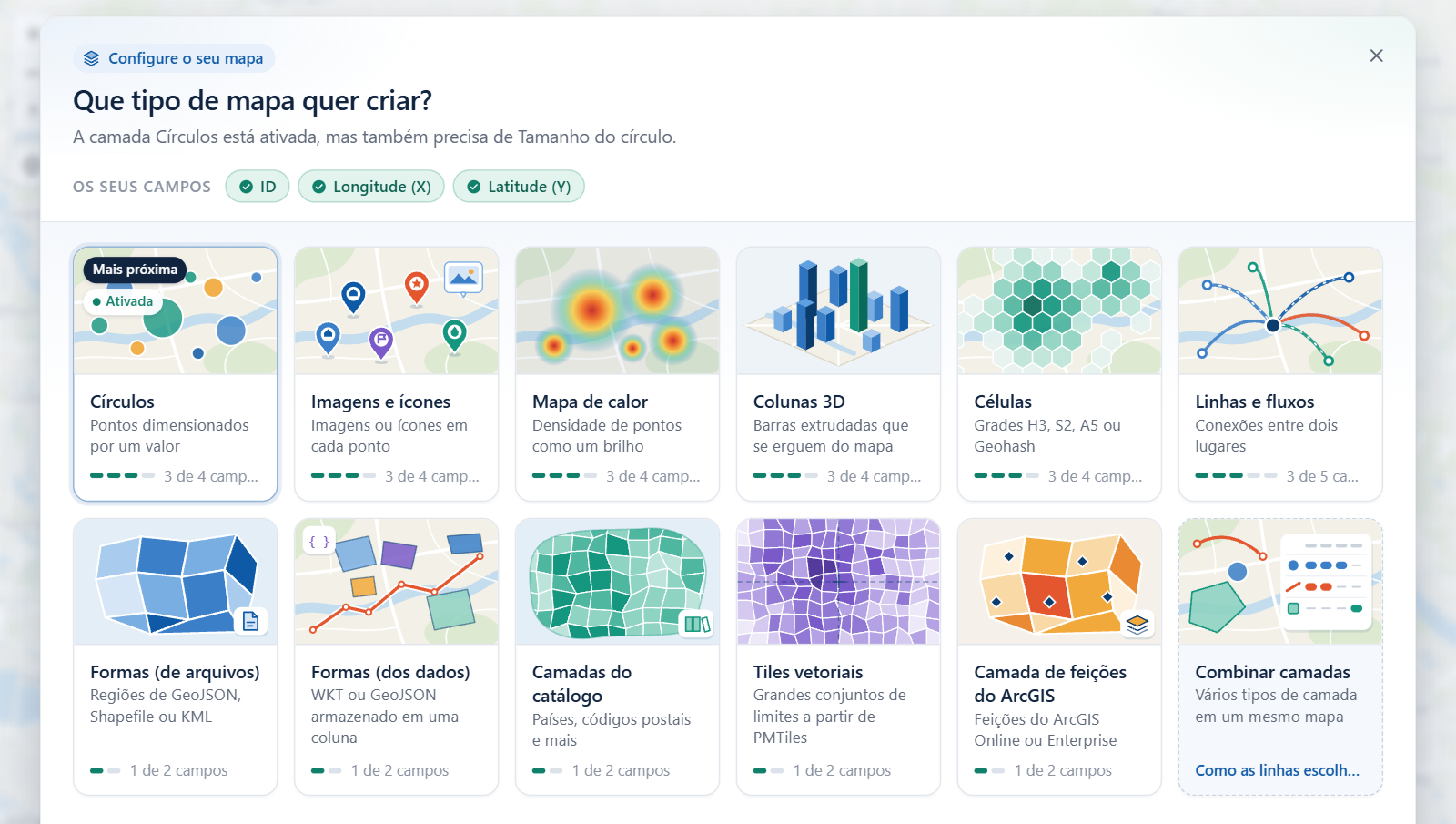 O guia de camadas sobre o mapa, com o título Que tipo de mapa quer criar e um bloco para cada tipo de camada