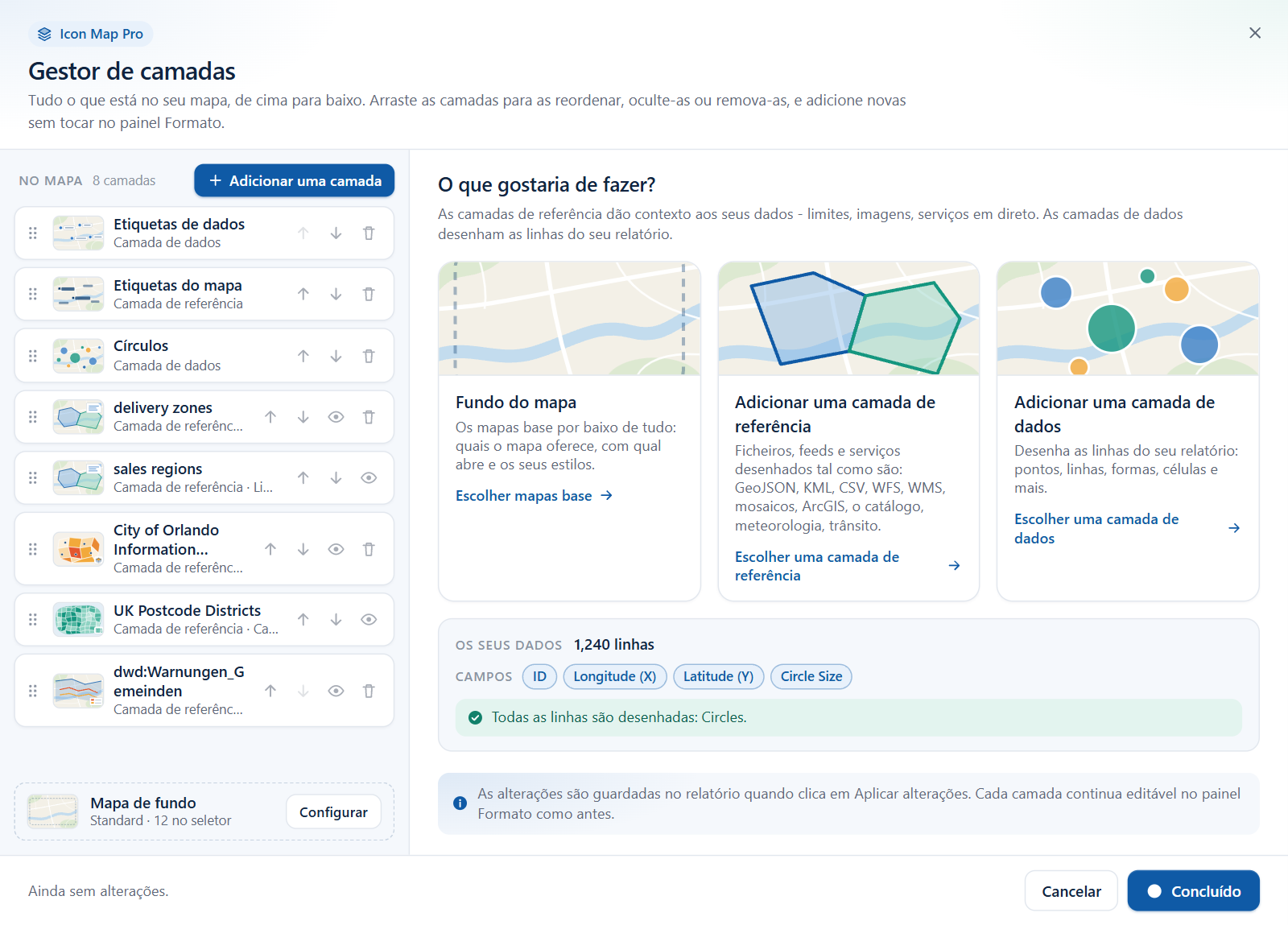 A caixa de diálogo Gestor de camadas listando as camadas de um mapa, com a vista inicial oferecendo adicionar uma camada de referência ou uma camada de dados
