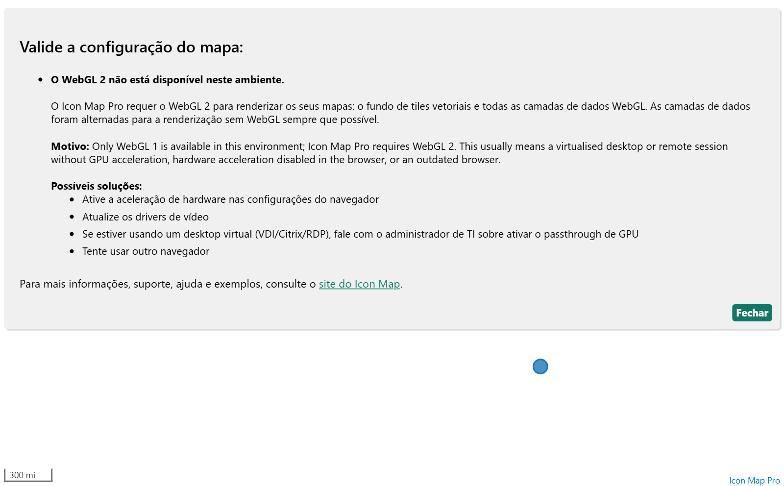 A mensagem mostrada no mapa quando o WebGL 2 não está disponível, com a lista de soluções possíveis