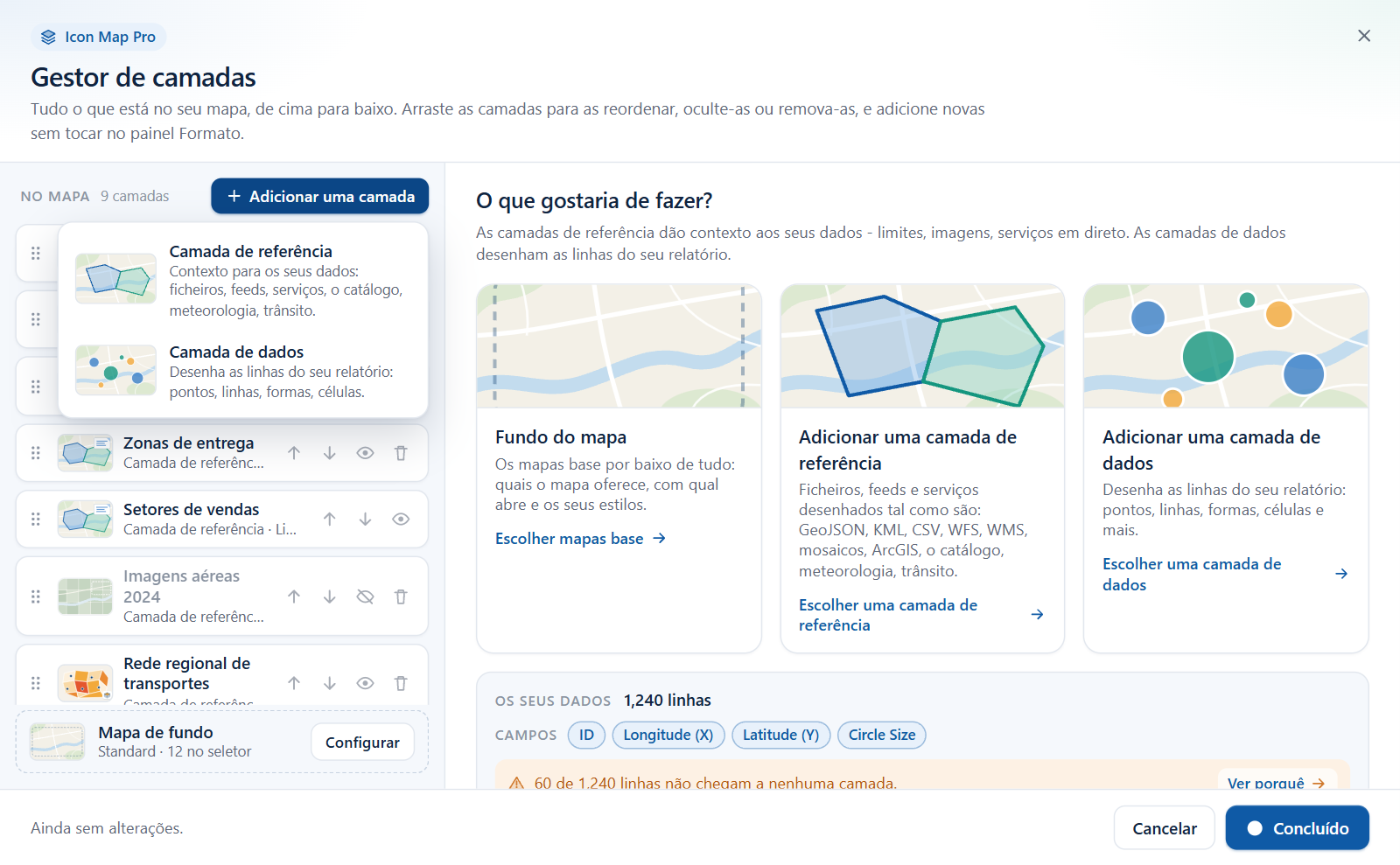 O menu Adicionar uma camada aberto, mostrando Camada de referência e Camada de dados