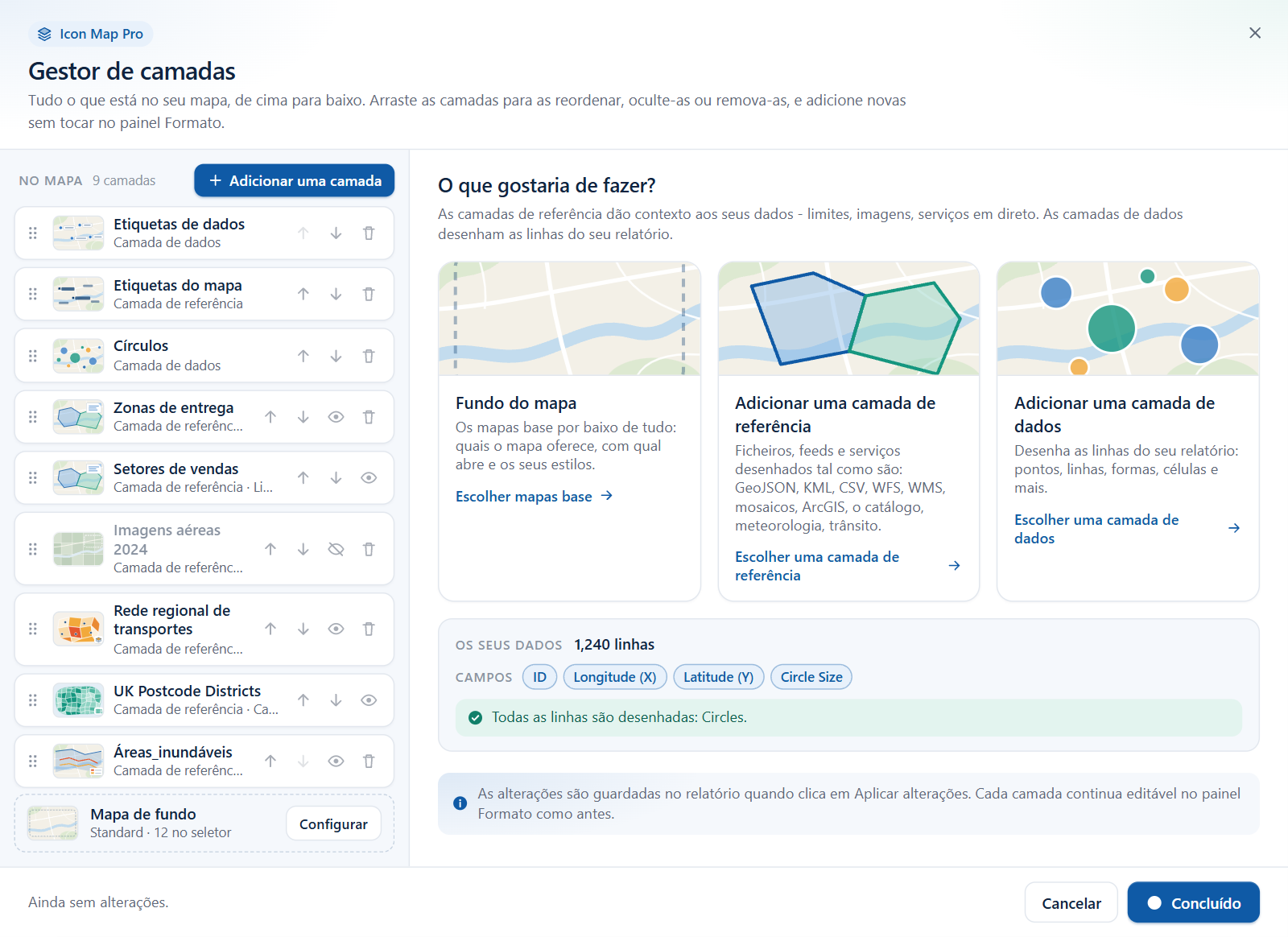 O painel Os seus dados na vista inicial do Gestor de camadas, mostrando a contagem de linhas, os campos do visual e a linha de status
