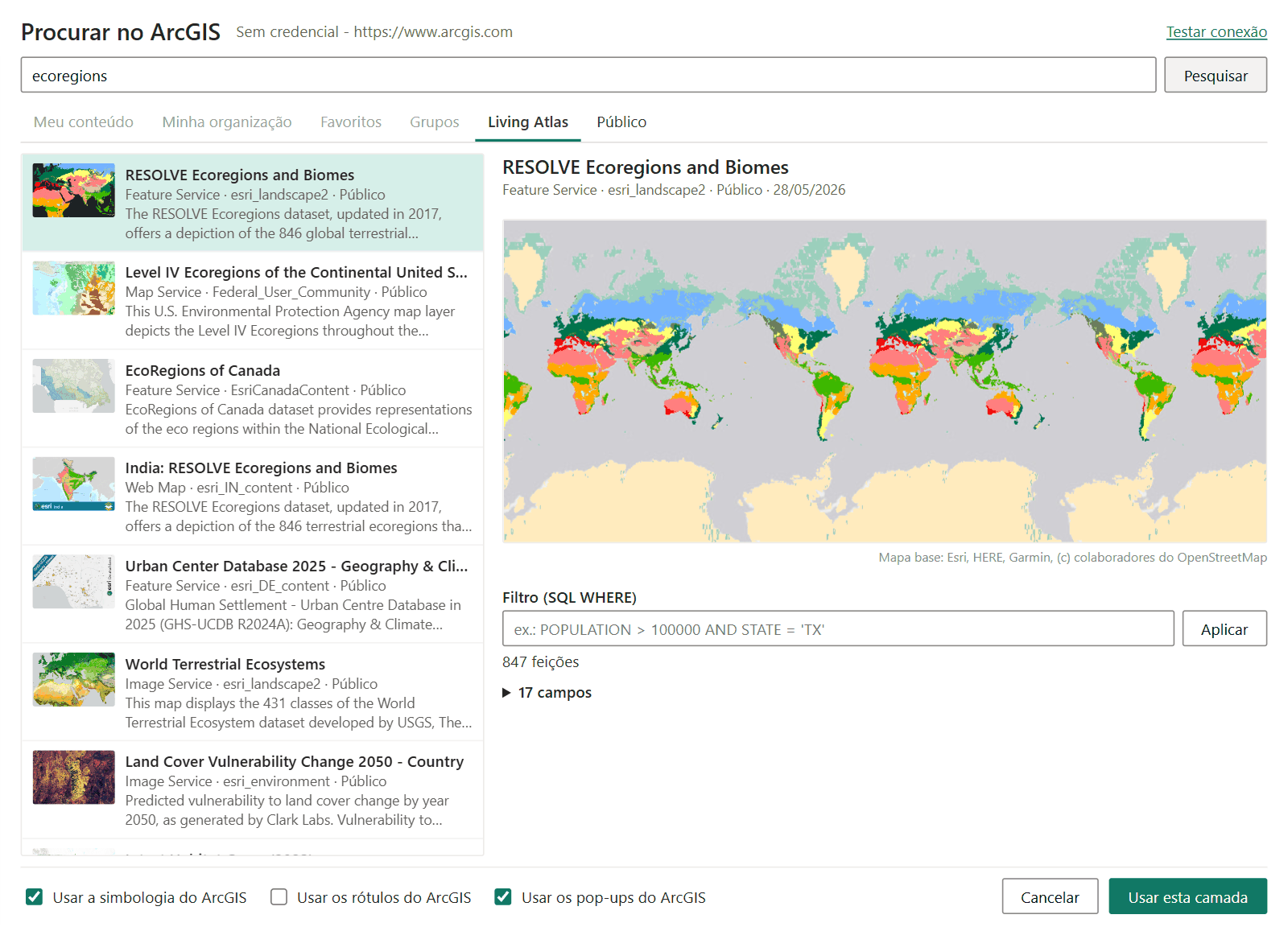 A janela Procurar no ArcGIS com as guias, uma lista de resultados à esquerda e uma pré-visualização da camada de feições selecionada à direita
