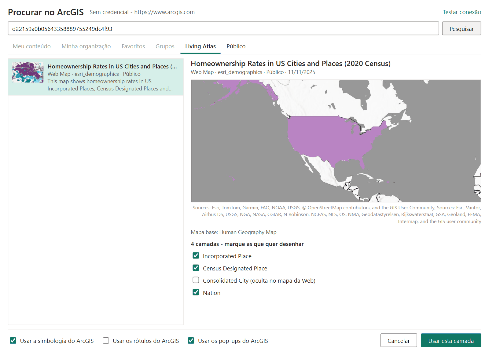 A janela Procurar no ArcGIS pré-visualizando um mapa da Web, com uma caixa de seleção para cada uma das suas camadas