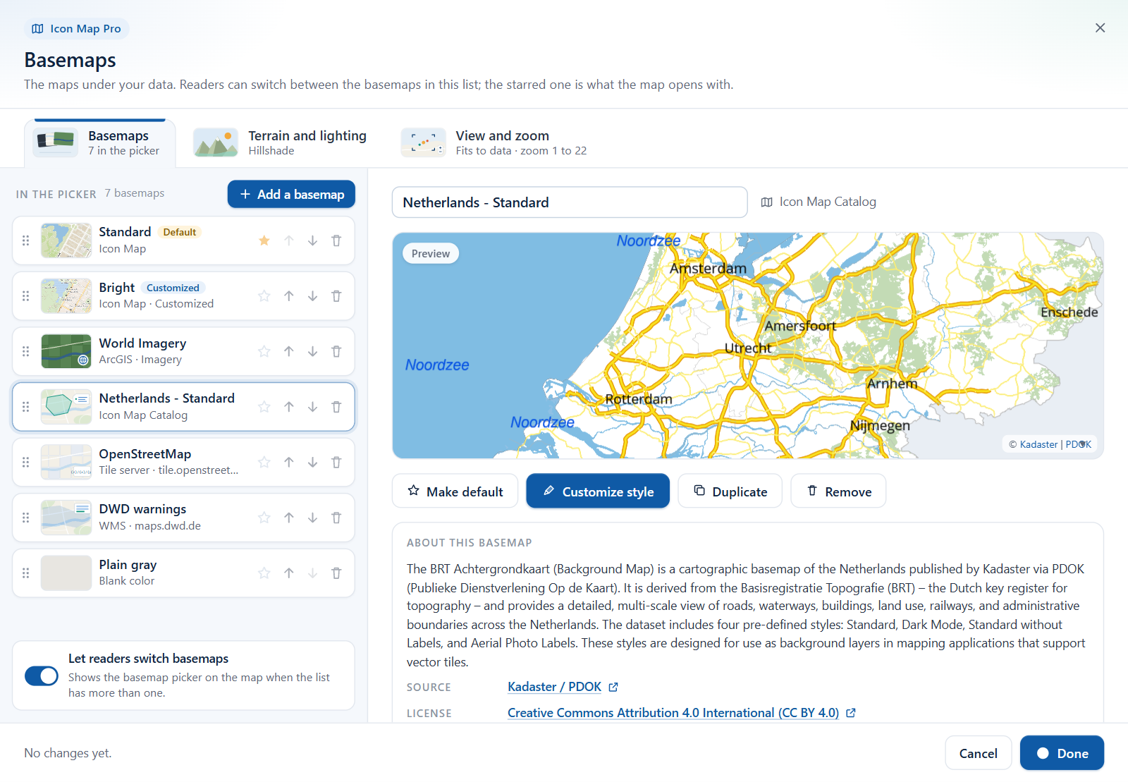 The edit view of an Icon Map Catalog basemap: name, live preview, action buttons and the About this basemap section