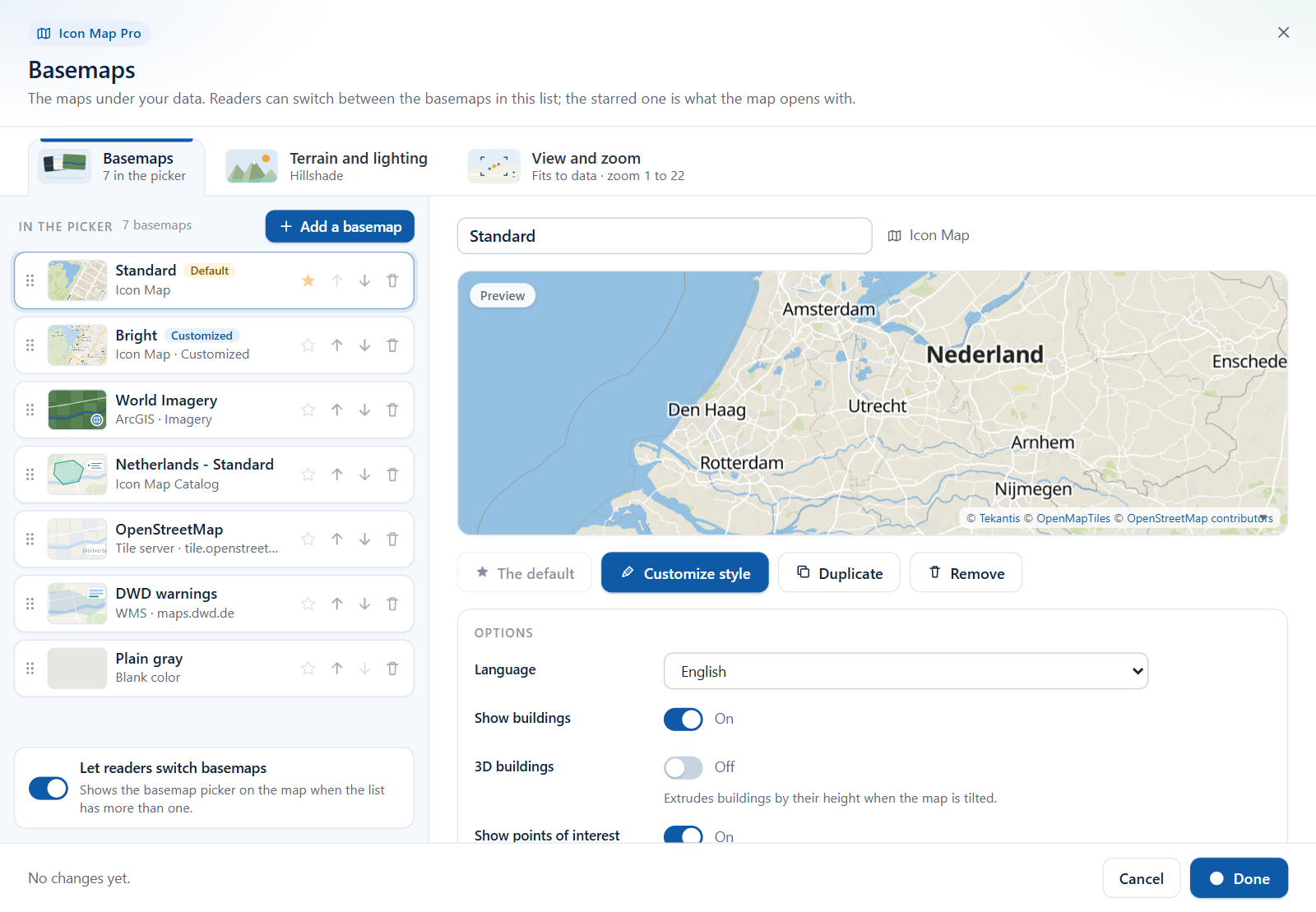 The Basemaps dialog with a list of seven basemaps on the left and a preview of the selected basemap on the right