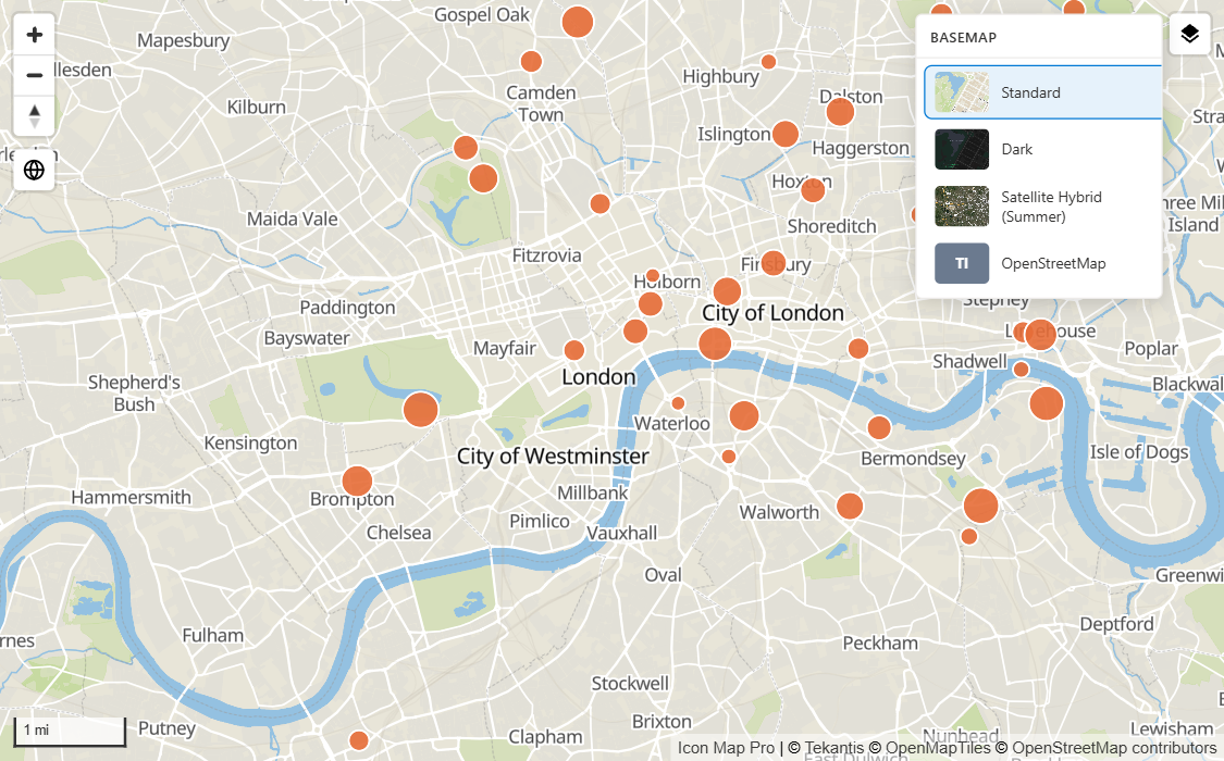 A map with the basemap picker open in the top right corner, listing four basemaps with thumbnails