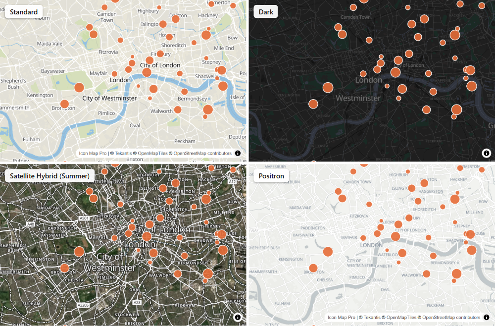 The same data over four basemaps: Standard, Dark, Satellite Hybrid and Positron