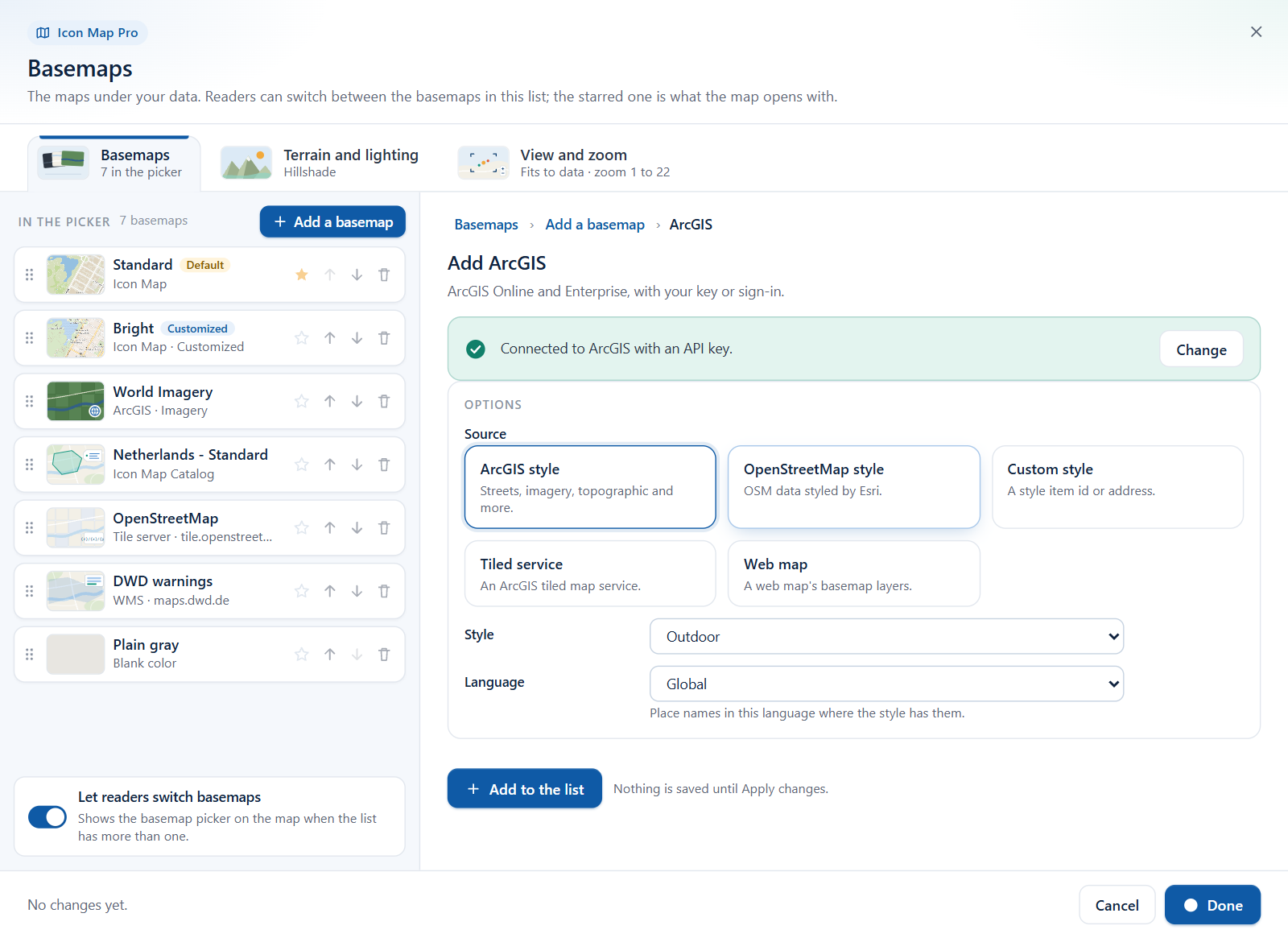 The ArcGIS form in the Basemaps dialog with five source cards and the Connect to ArcGIS card