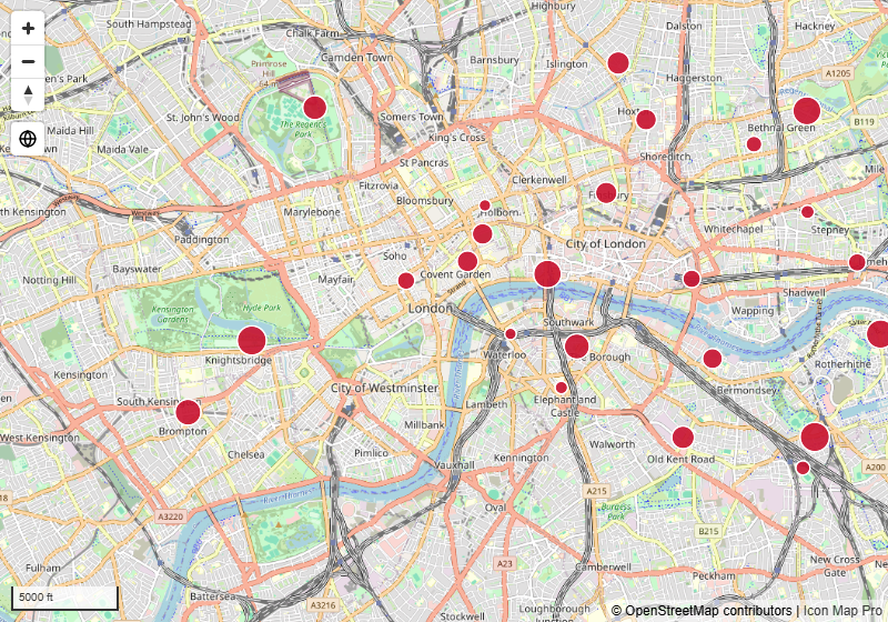 A map using an OpenStreetMap tile server as the basemap