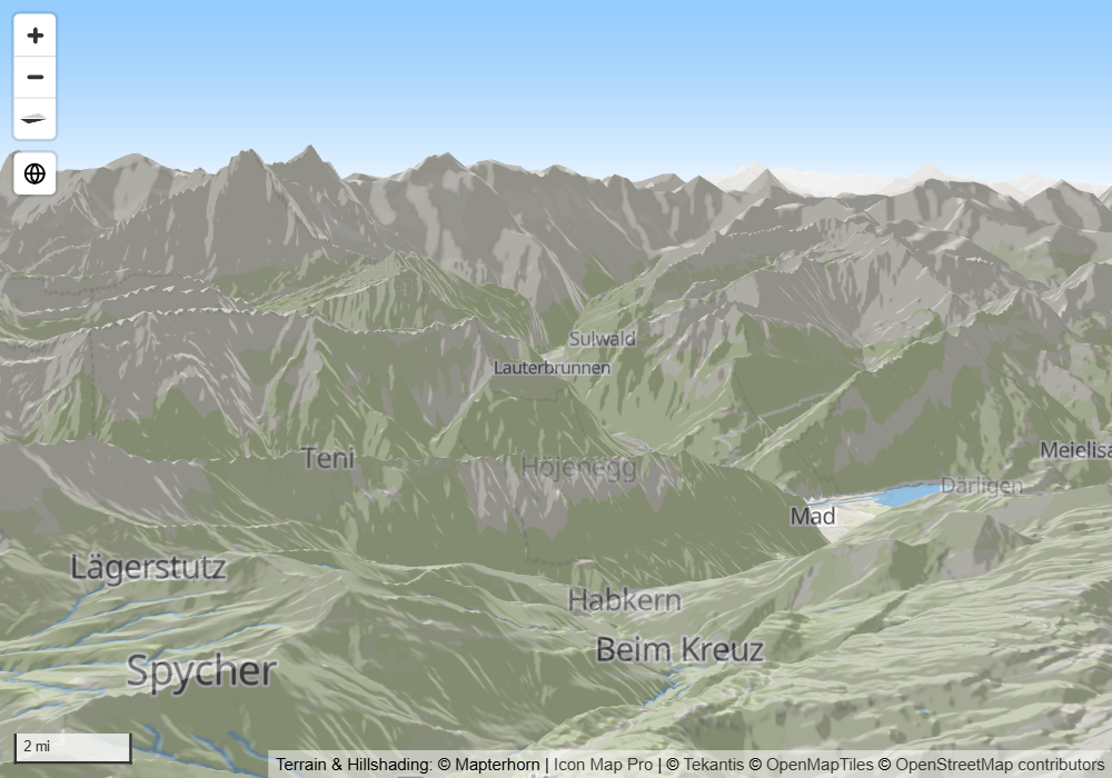 A steeply tilted map with fog fading distant hills into a pale horizon under a blue sky