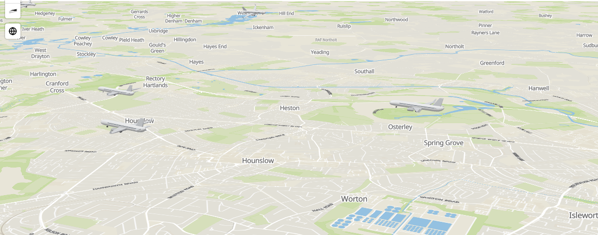 Aircraft drawn as 3D models in the air above a tilted map, each at the height given in the data