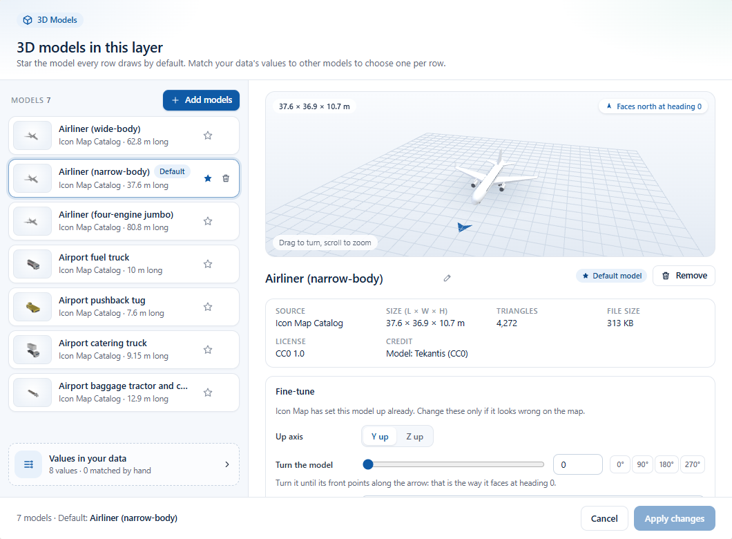 The model picker, with the models in the layer on the left, a 3D preview of the selected model, and the Values in your data list