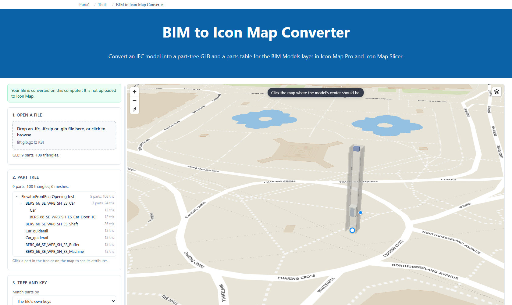 The BIM to Icon Map Converter: the part tree of a lift on the left, and the lift on a map with handles to move and turn it