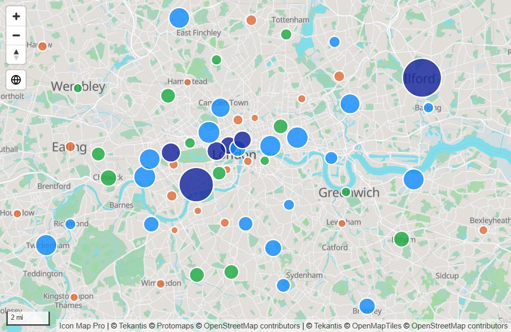 Circles of different sizes and colors over a street map