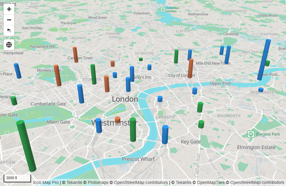 Round columns in several colors on a tilted map