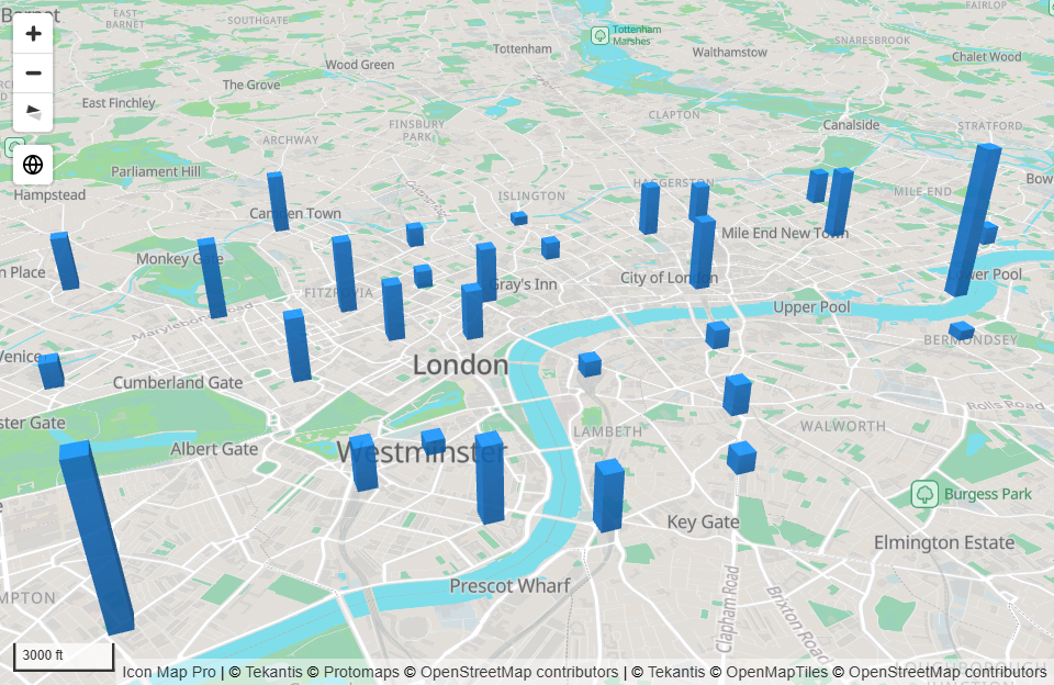 Columns of different heights rising from a tilted map