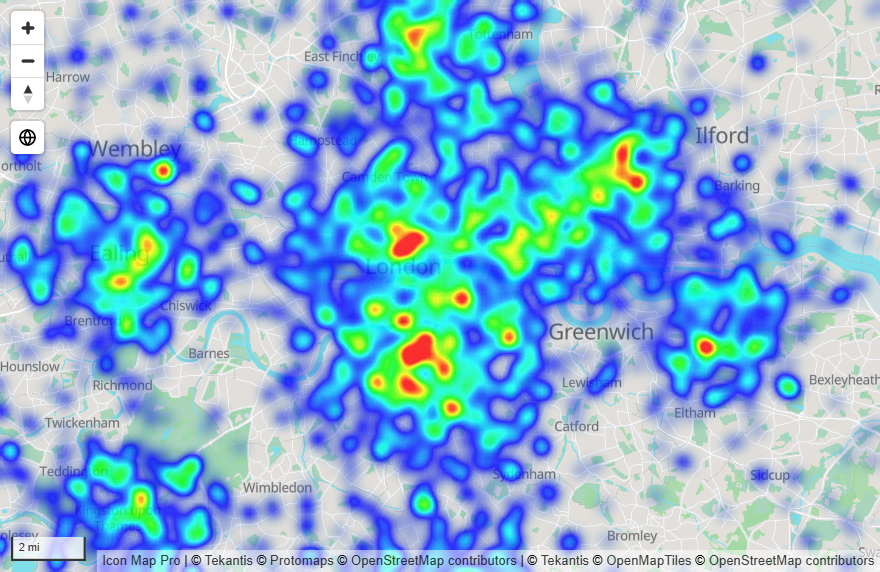 A heatmap over a city, blue at the edges and red where points are densest