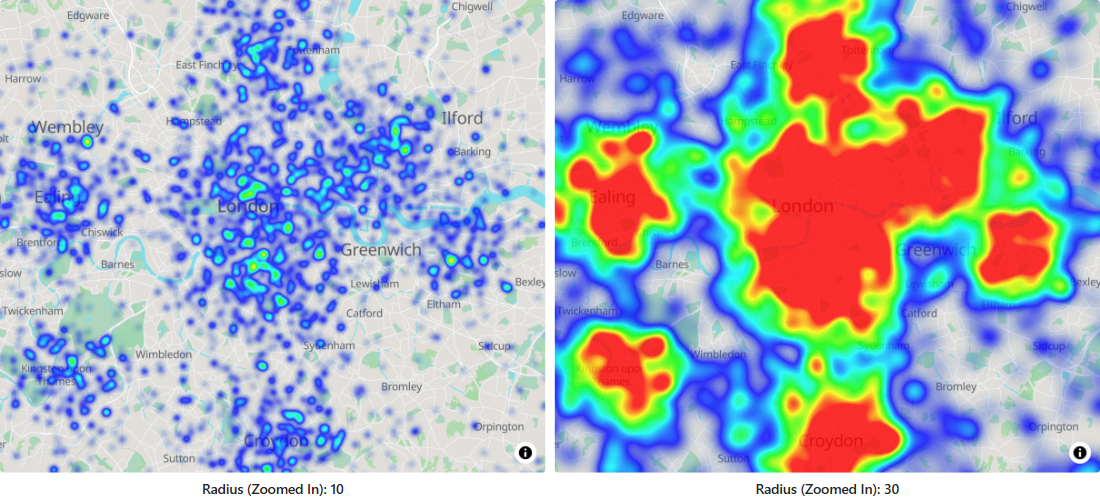 The same heatmap with a small radius and a large radius