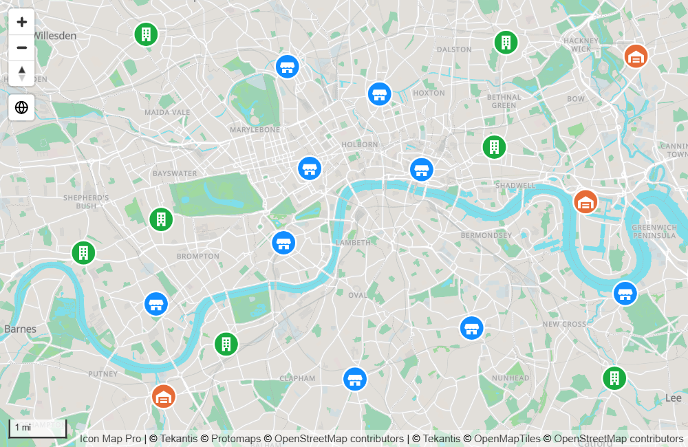 Icons of different kinds marking locations on a street map