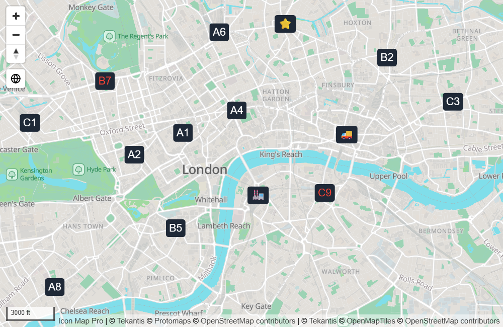 Text and emoji badges at map locations
