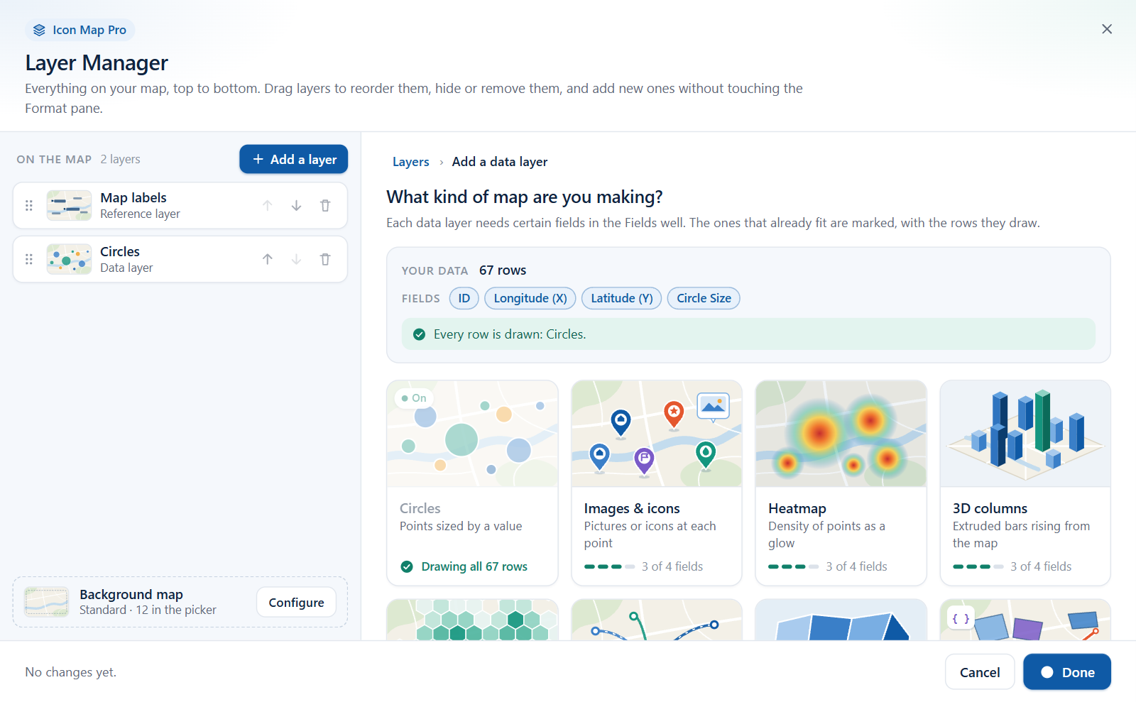 The Layer Manager's data layer picker, with a tile for each layer type
