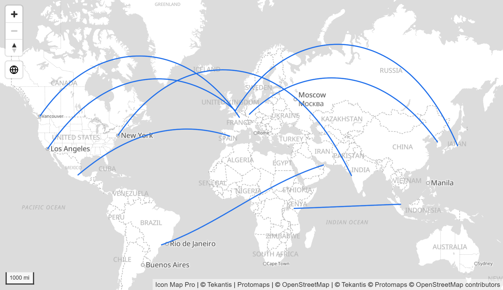 Great-circle lines between cities on different continents