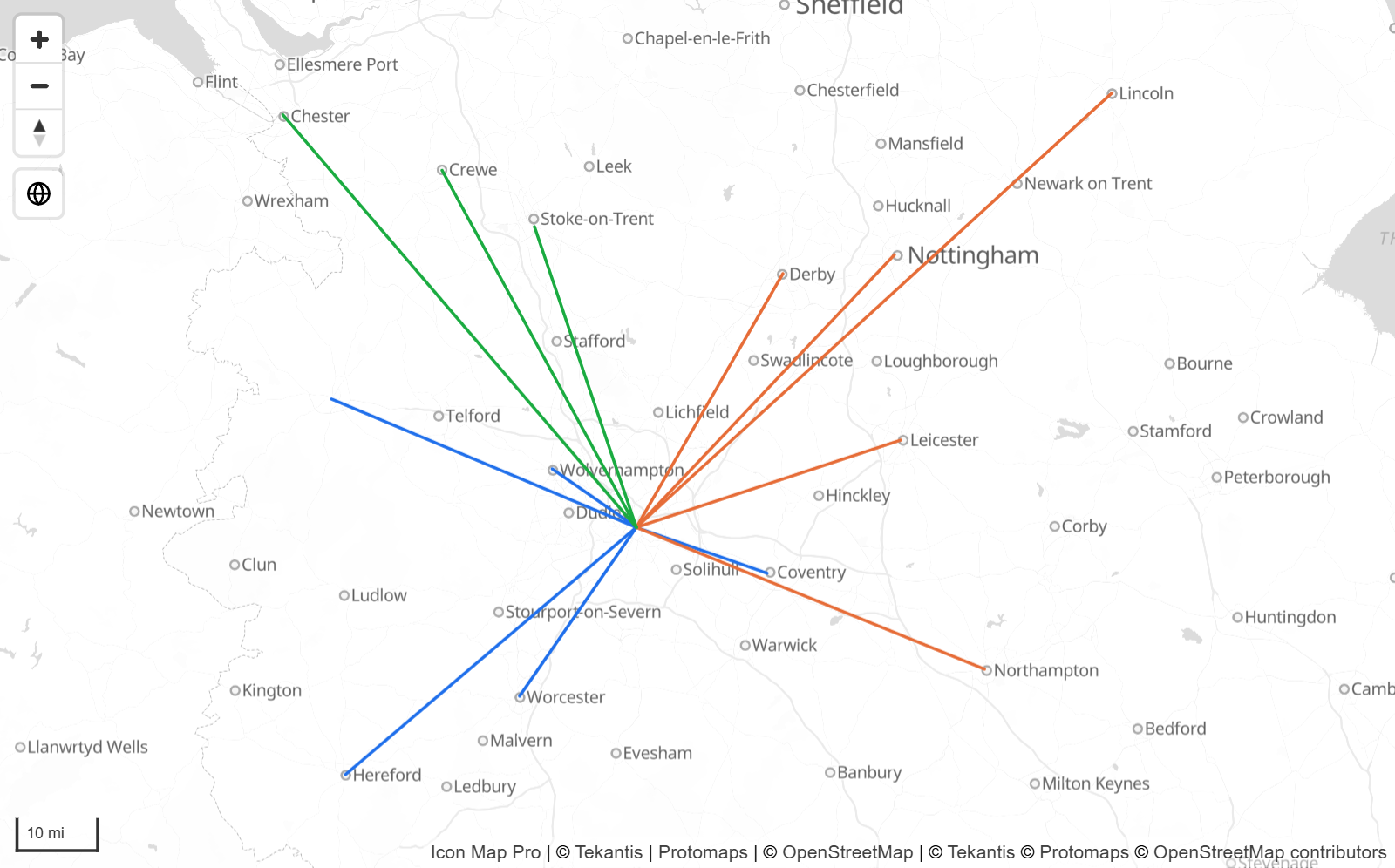 Straight lines from a depot to stores, colored by region