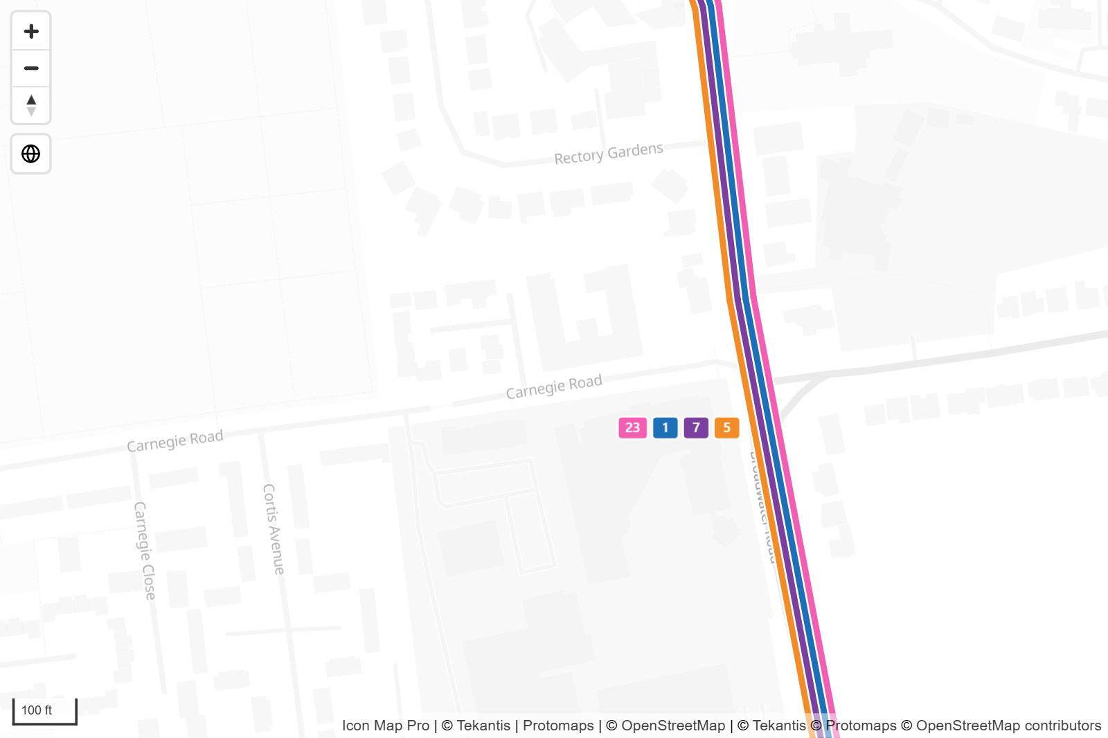 Route badges showing the route numbers beside a shared stretch of street