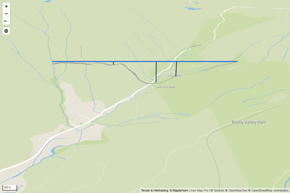 A pipeline on 3D terrain held level across a valley, beside the same route draped on the ground