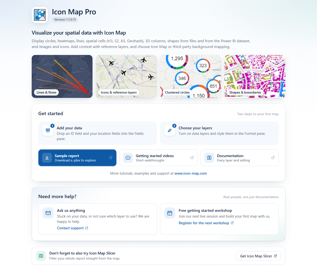 The Icon Map Pro start page shown in an empty visual, with example maps and a Get started panel