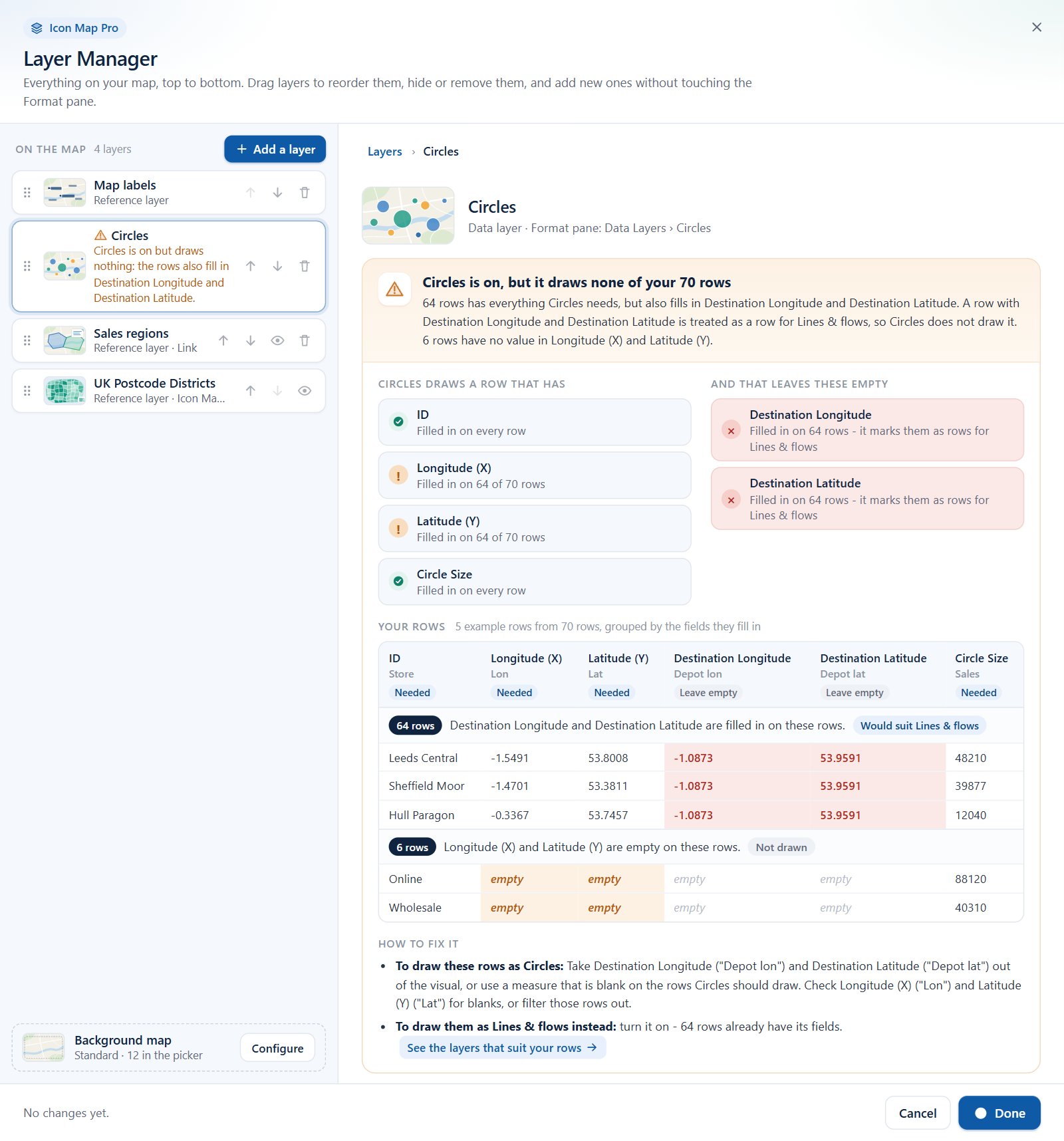 The Layer Manager explaining why a layer draws none of the report's rows, with example rows and a suggested fix