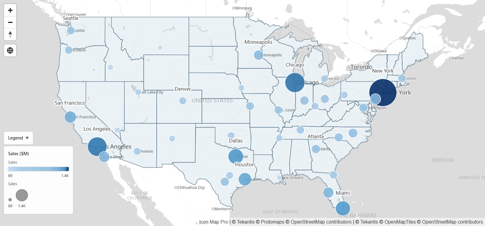An Icon Map Pro map in a Power BI report with circles sized by sales, a boundary layer and a legend