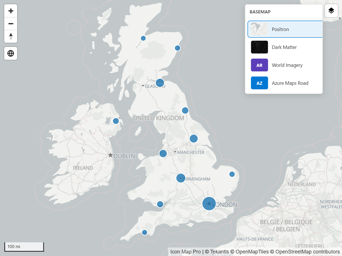The basemap picker open in the top right corner of the map, listing four basemaps, each with a thumbnail or a provider badge, and the active one marked