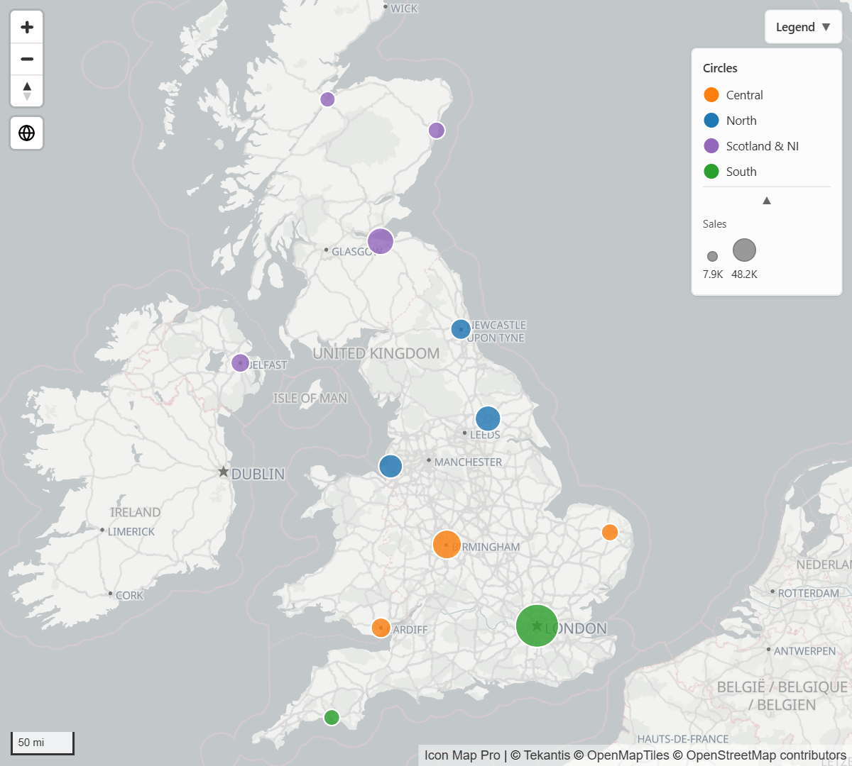 A map of colored circles with a legend panel in the top right corner listing each category with its color and a size ramp